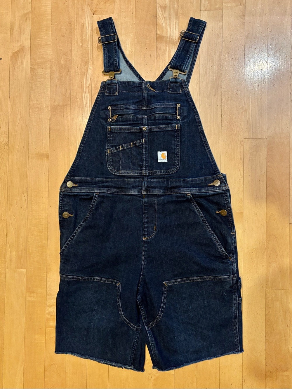 Carhartt Dark Blue Denim Bib Overalls Cut-Off Shorts Raw Edge Hem - size S